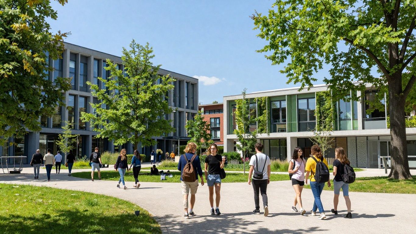 Polimi Bocconi campus with students and green architecture.