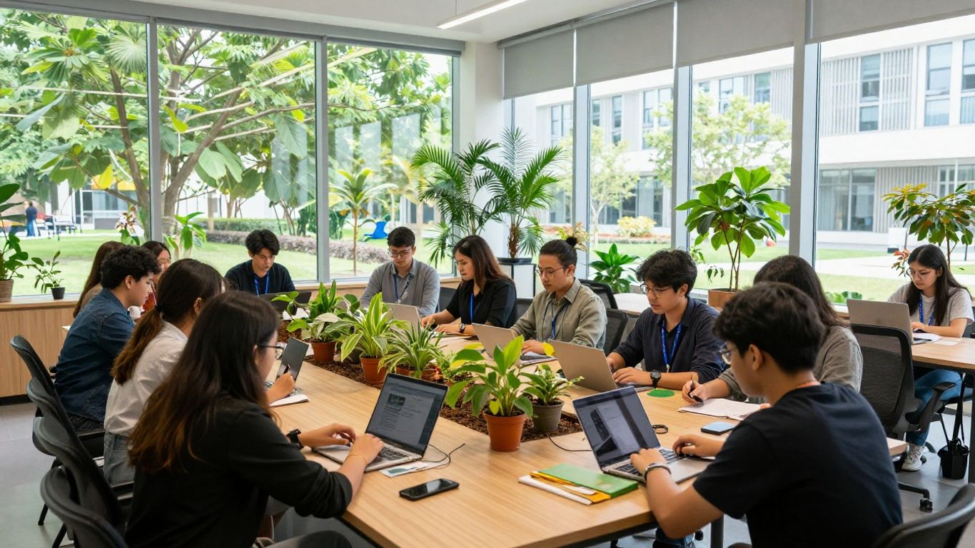 Hec Paris Masters in Sustainability program students collaborating on campus.
