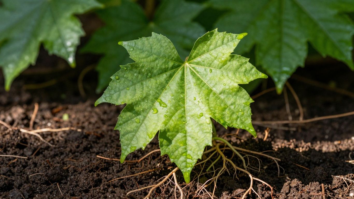 Green leaf with roots, sunlight, and soil.