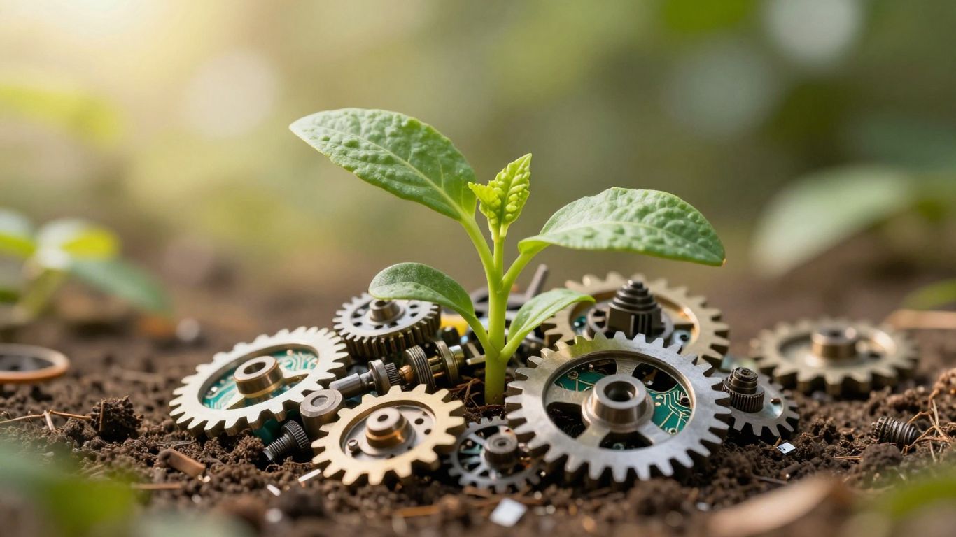 Green seedling growing from gears and circuits.