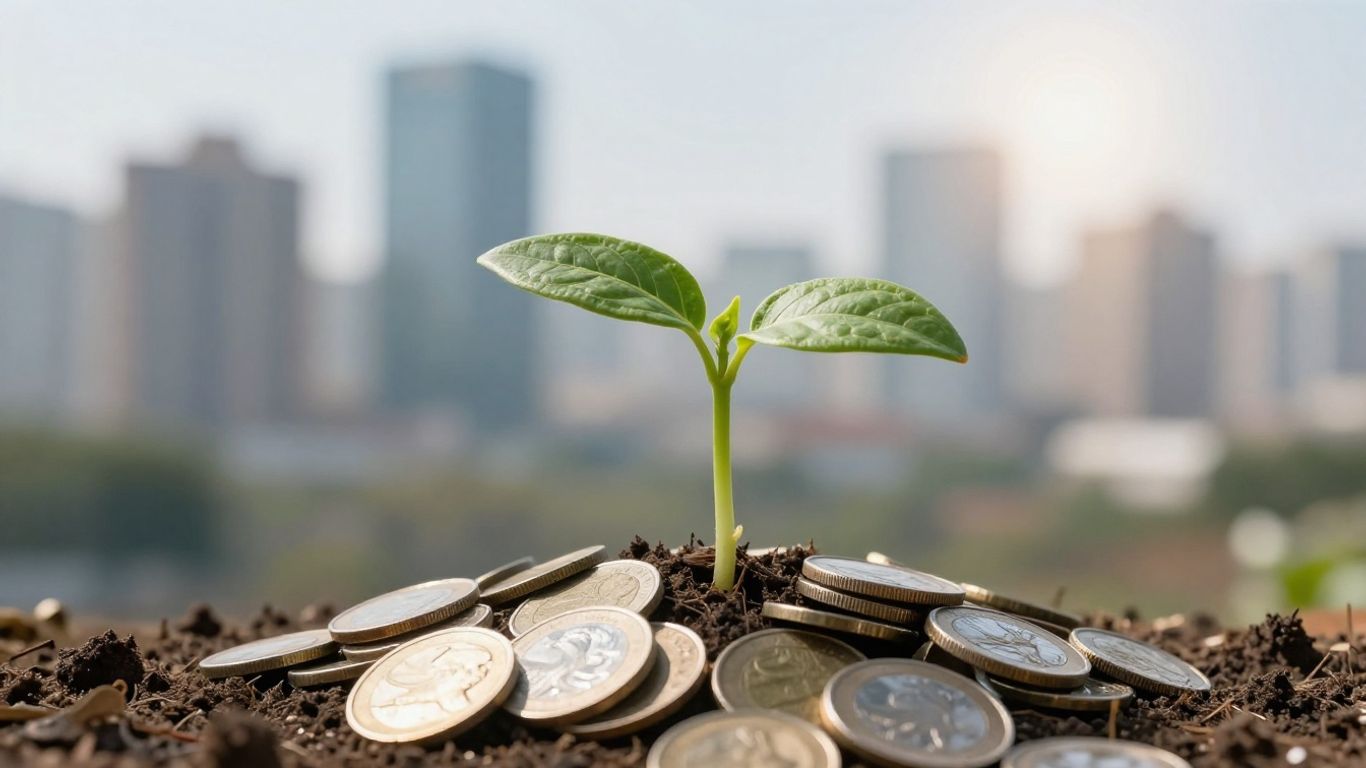 Green seedling growing from coins with cityscape background.