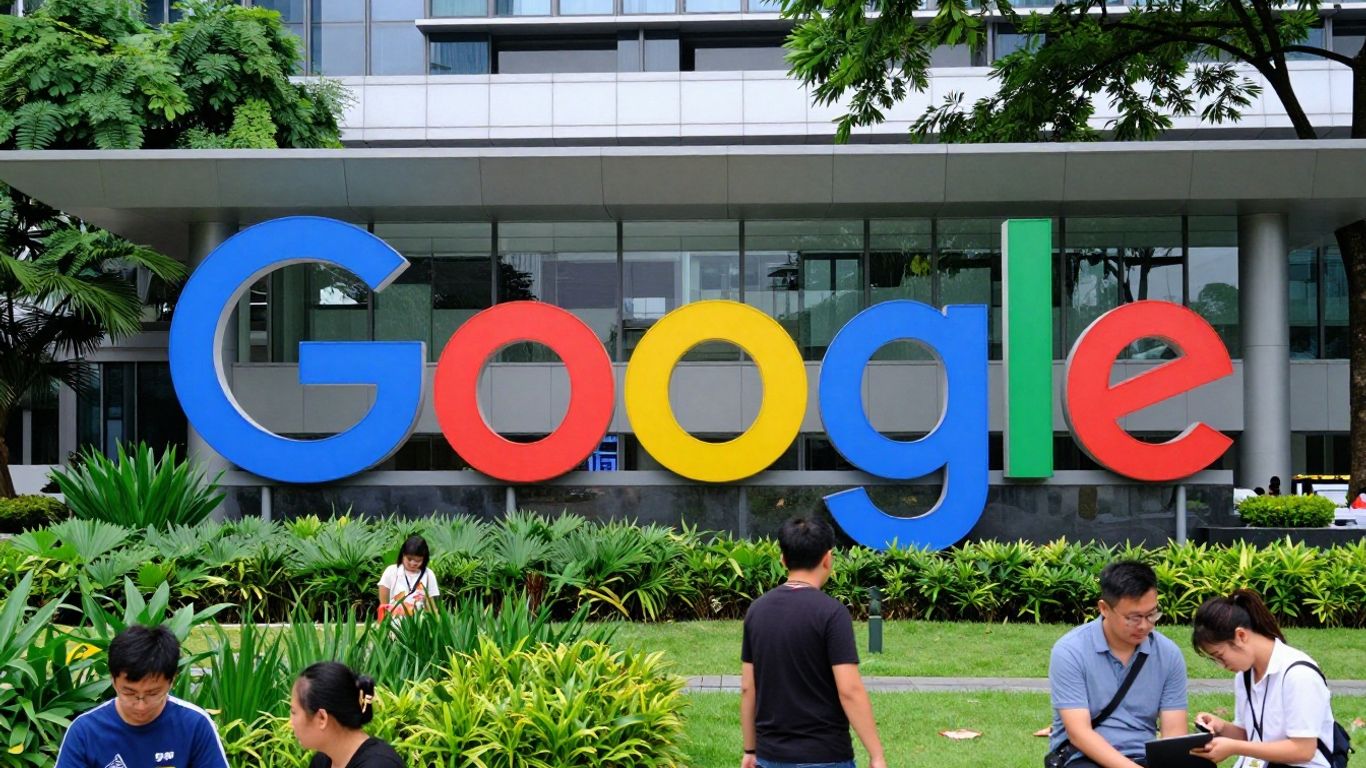 Google headquarters with colorful logo and green landscaping.