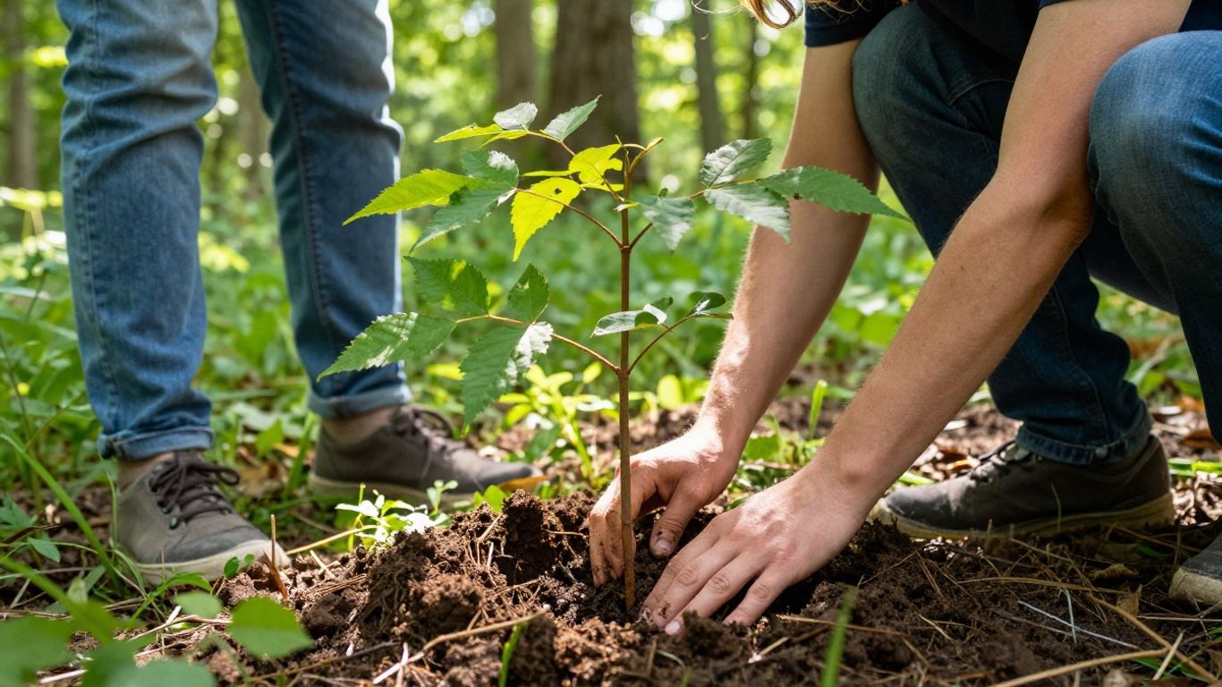 Person planting a tree in a forest.