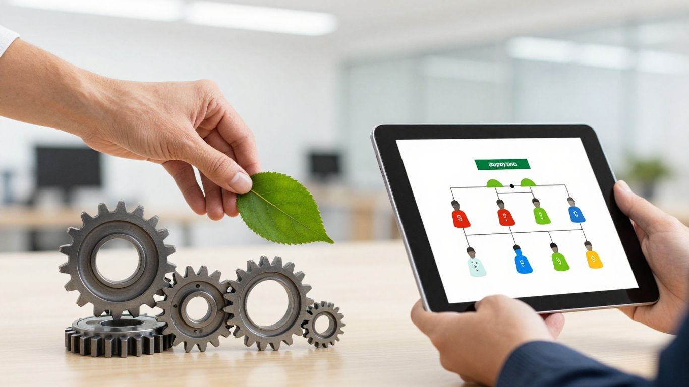 Gears, leaf, and supply chain diagram on a tablet.
