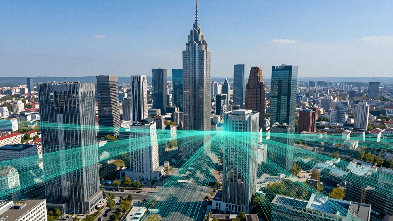 European cityscape with digital pathways and green accents.