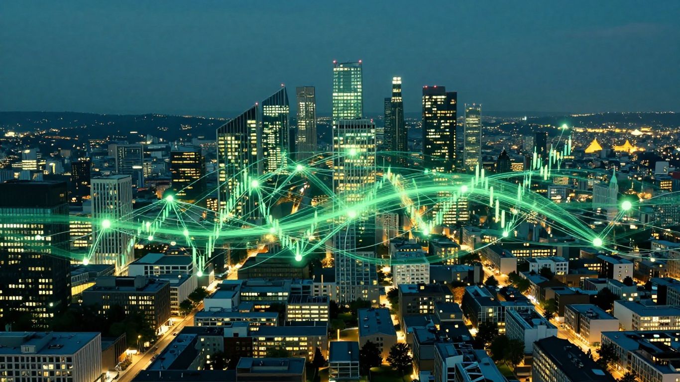 European cityscape with green financial network overlay.