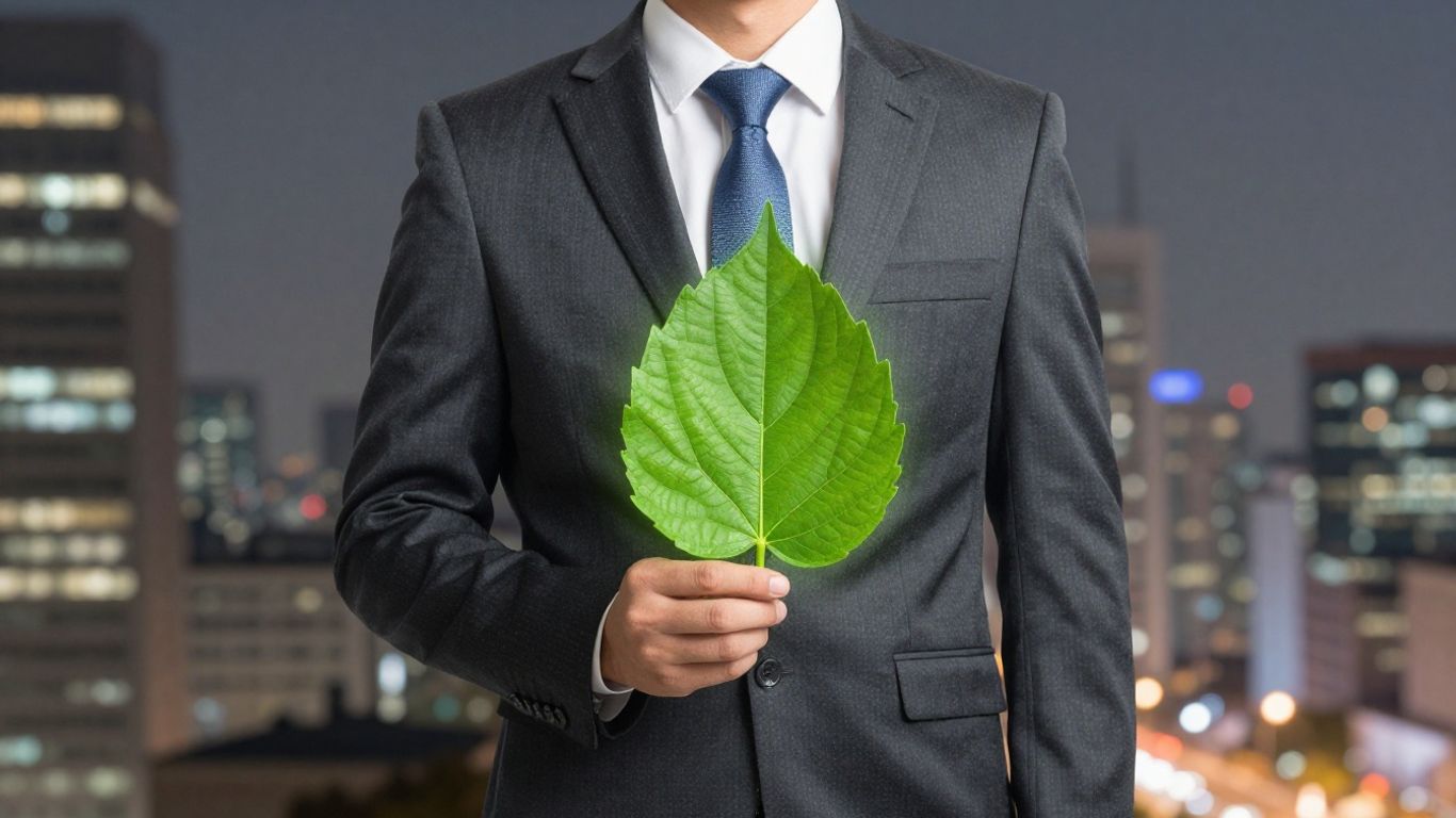 Professional holding a green leaf with cityscape background.