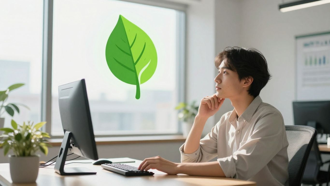 Professional examining a green leaf icon for emissions management.