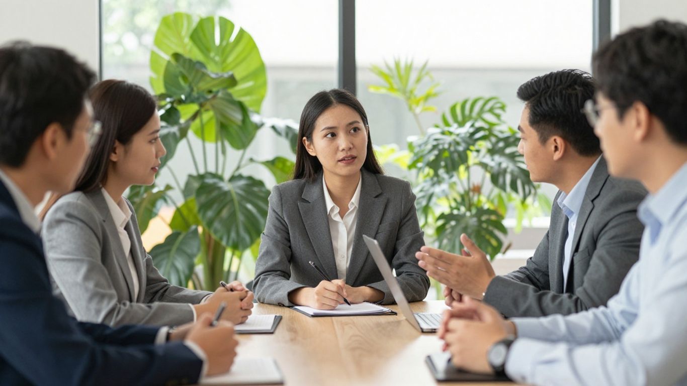 Business professionals collaborating on CSR values.