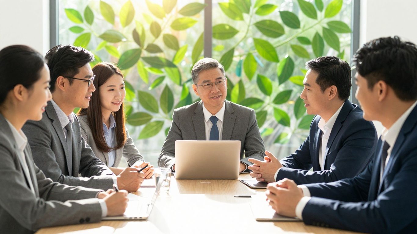 Business people collaborating with green leaf motif.
