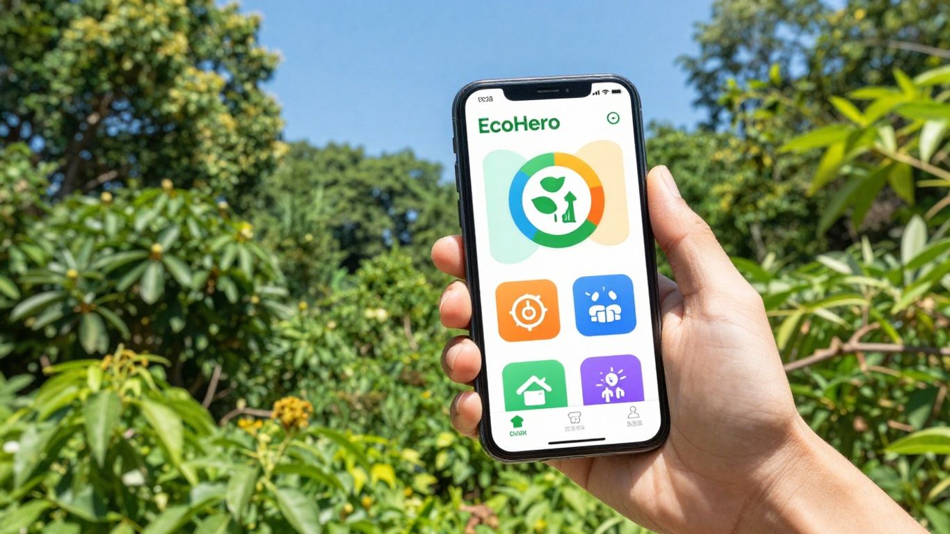 EcoHero app on a smartphone amidst nature.