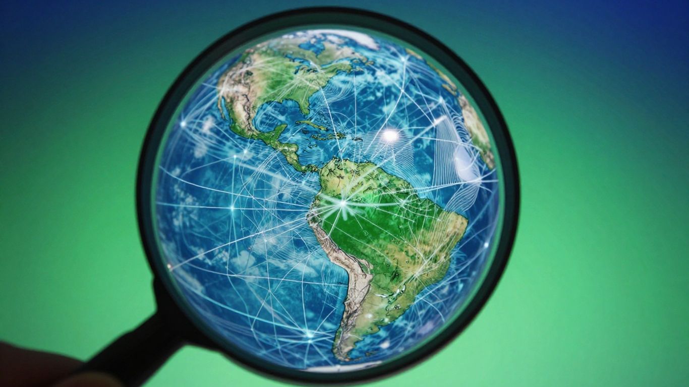 Magnifying glass over a stylized globe with network lines.