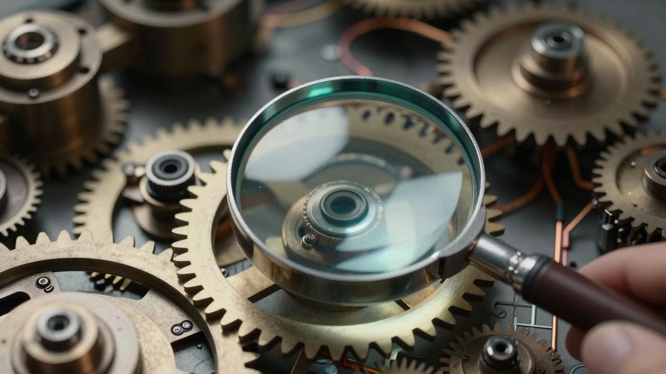 Magnifying glass over gears and circuits