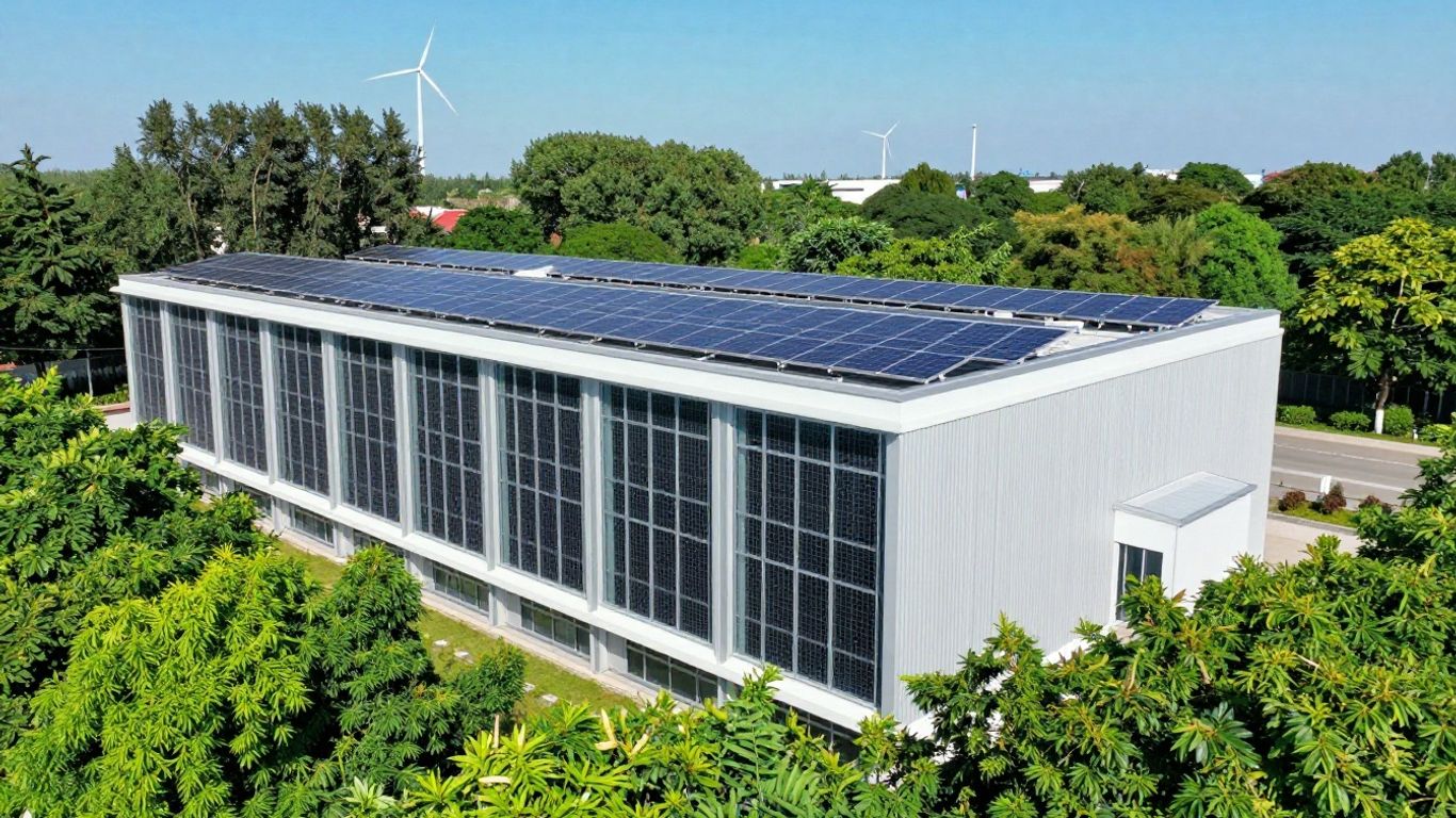 Google data center with solar panels and wind turbines.
