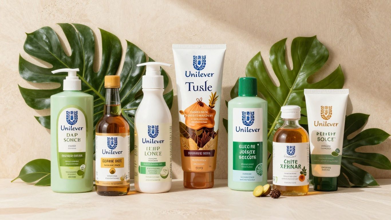 Unilever sustainable products with green leaves.