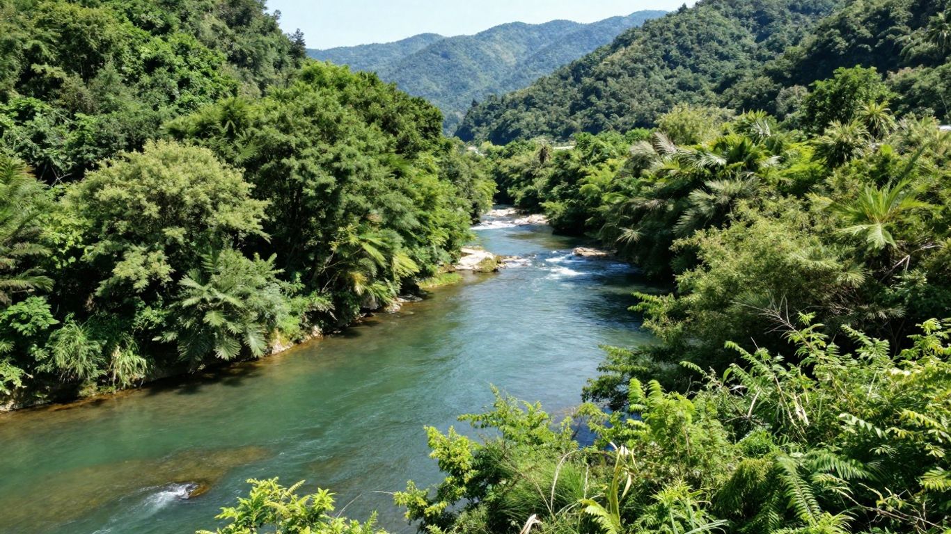 Lush green watershed with a clear river flowing.