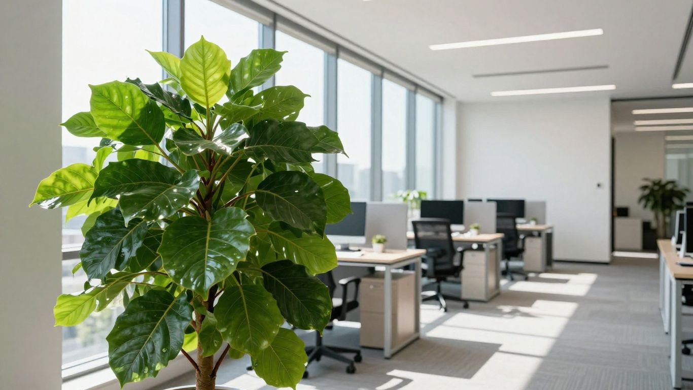 Modern office with a large green plant and sunlight.