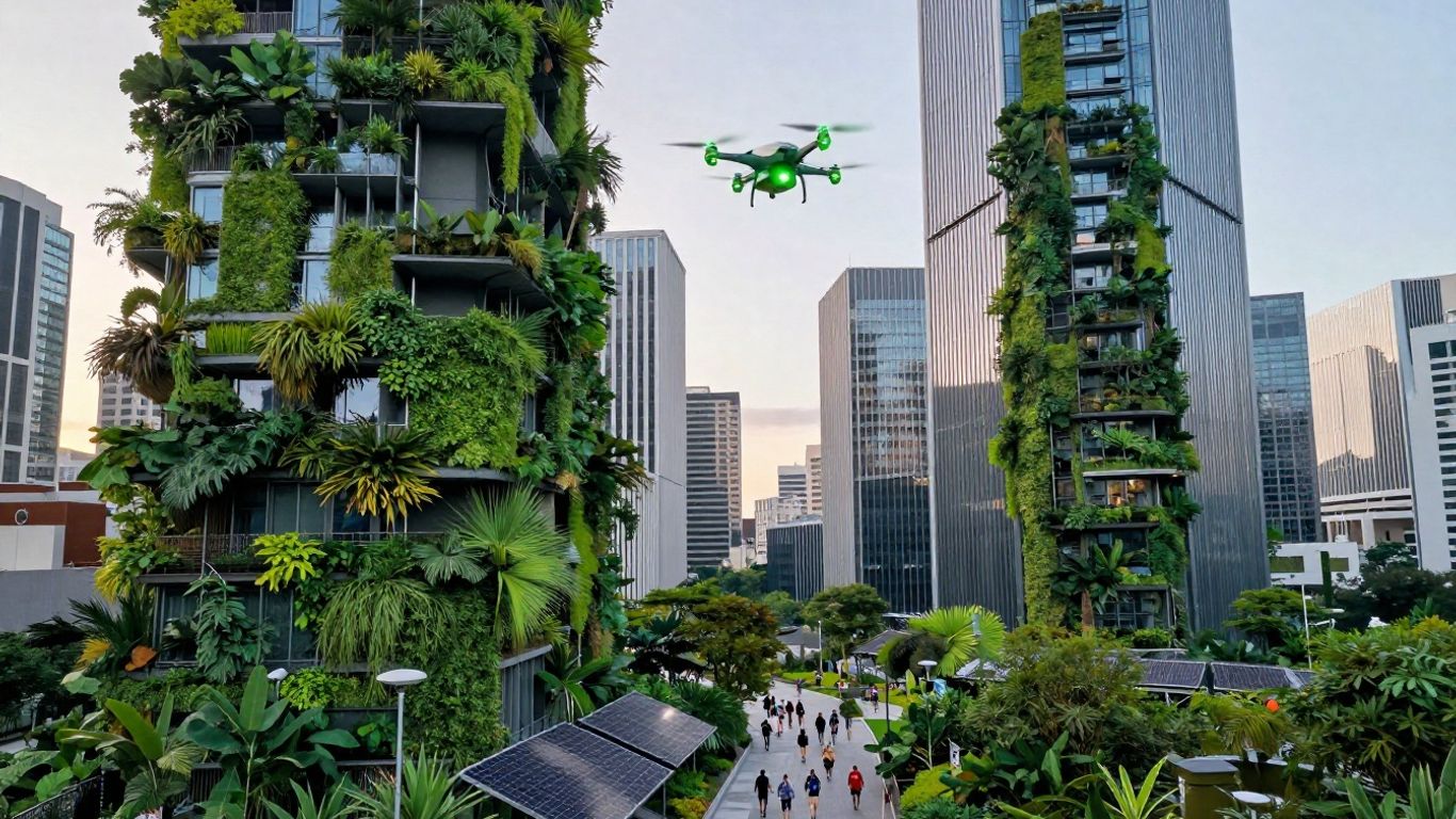 Sustainable city with green buildings and delivery drones.