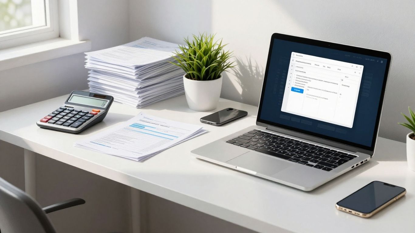 Organized desk with laptop and financial documents.
