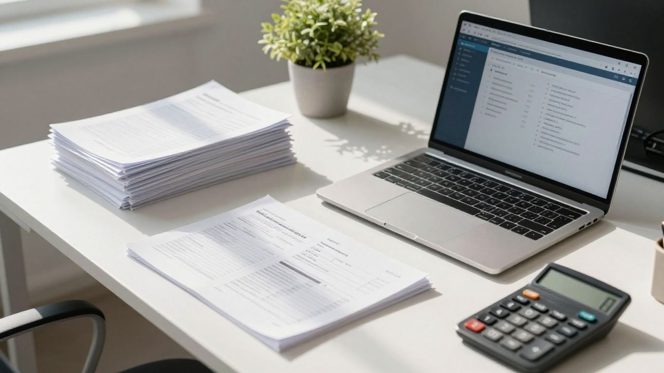 Modern desk with laptop, documents, and calculator.