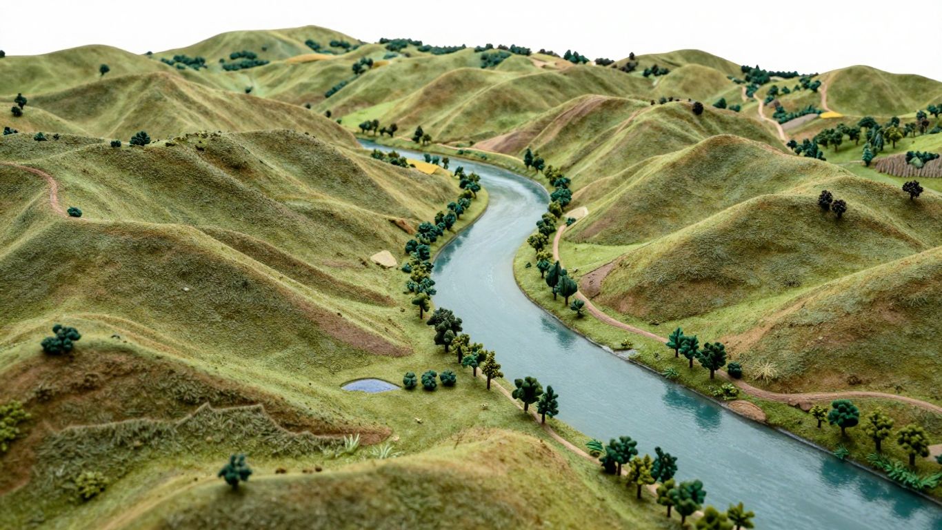 Detailed watershed model with hills, river, and trees.