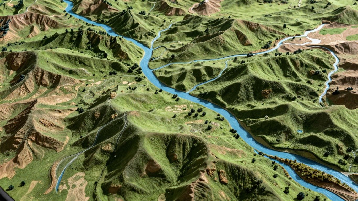 Detailed watershed model with topography and water channels.