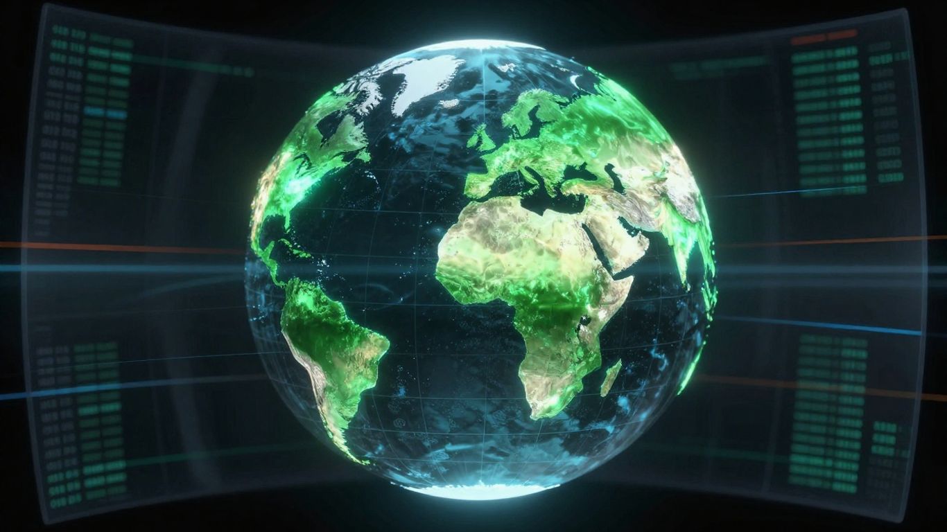 Globe with glowing continents and data streams.