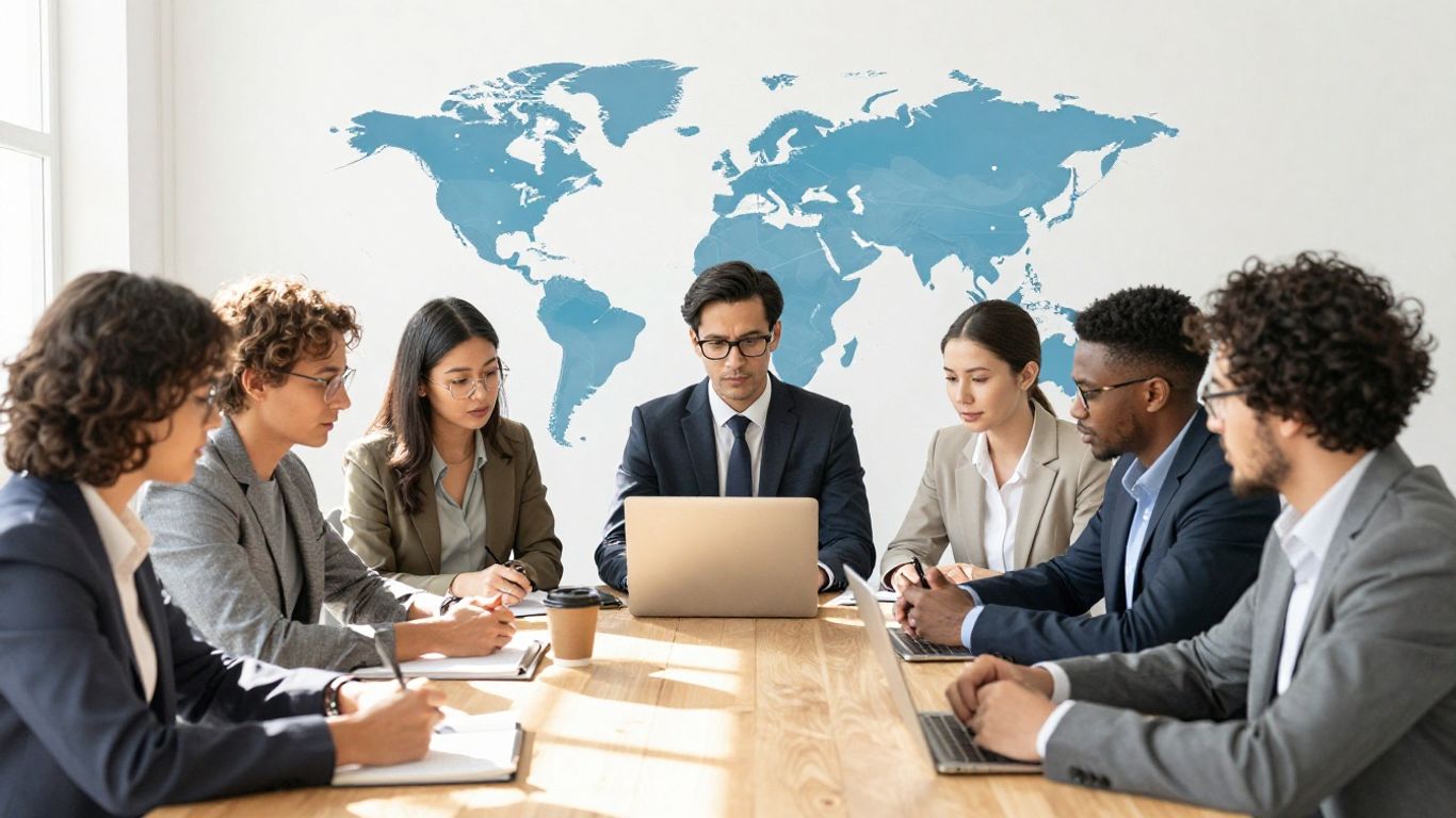 People collaborating on global sustainability reporting.