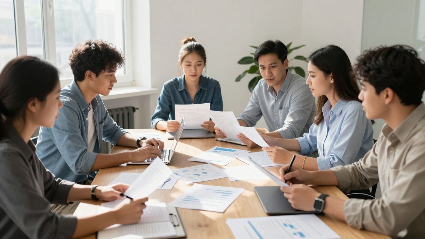 Team discussing GRI reporting guidelines in a modern office.