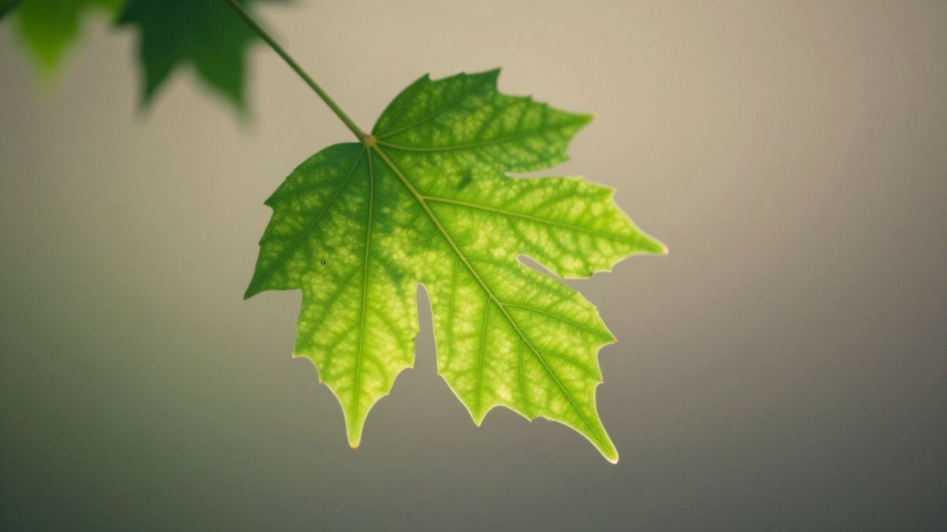Green leaf with glowing veins and floating particles.