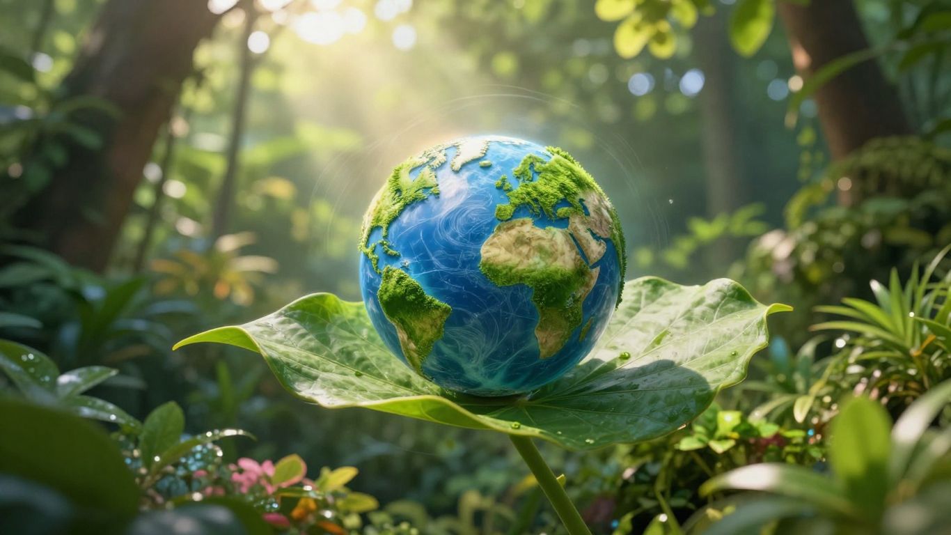 Green leaf holding a glowing Earth, symbolizing environmental health.