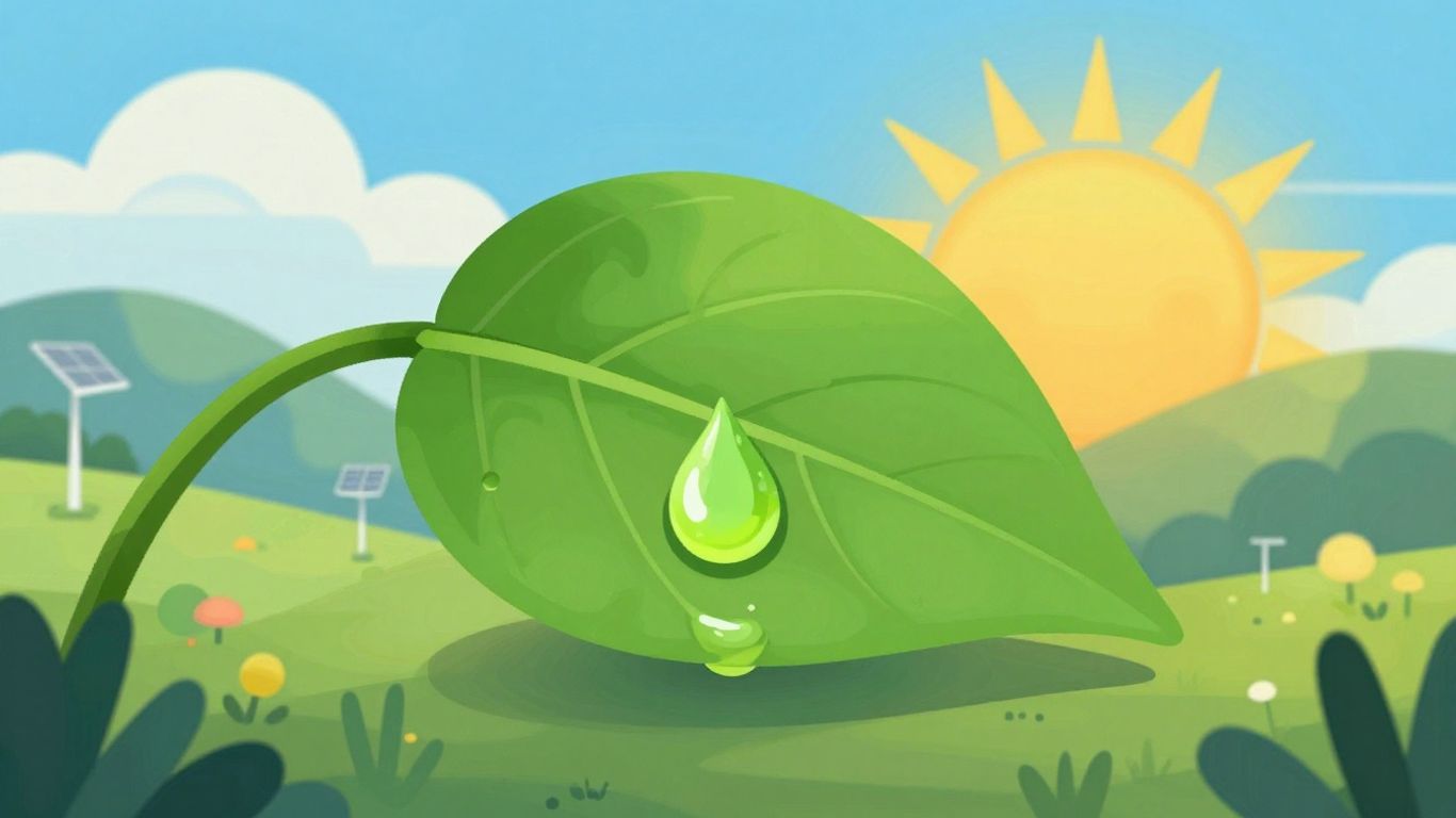 Green leaf holding fuel droplet, sustainable energy landscape.