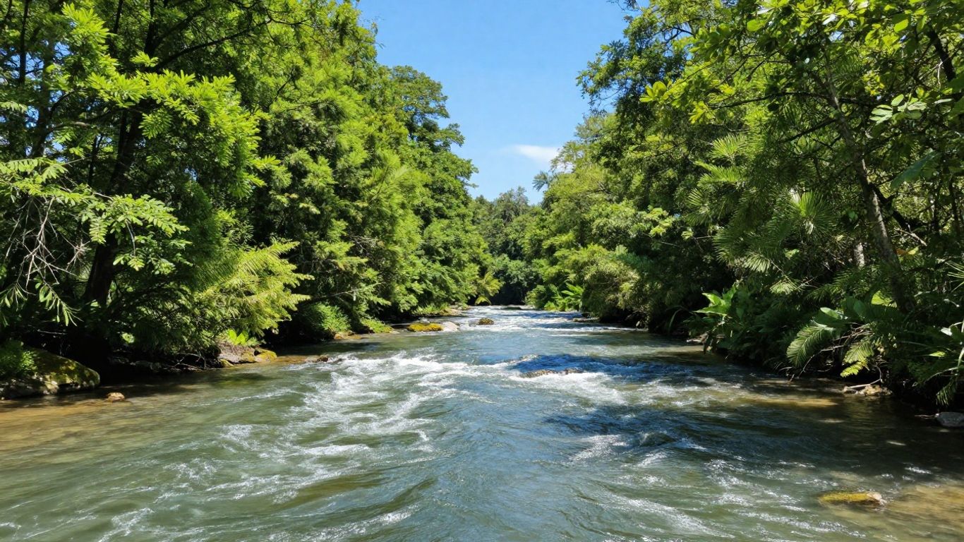 Flowing river in a green valley under a blue sky.