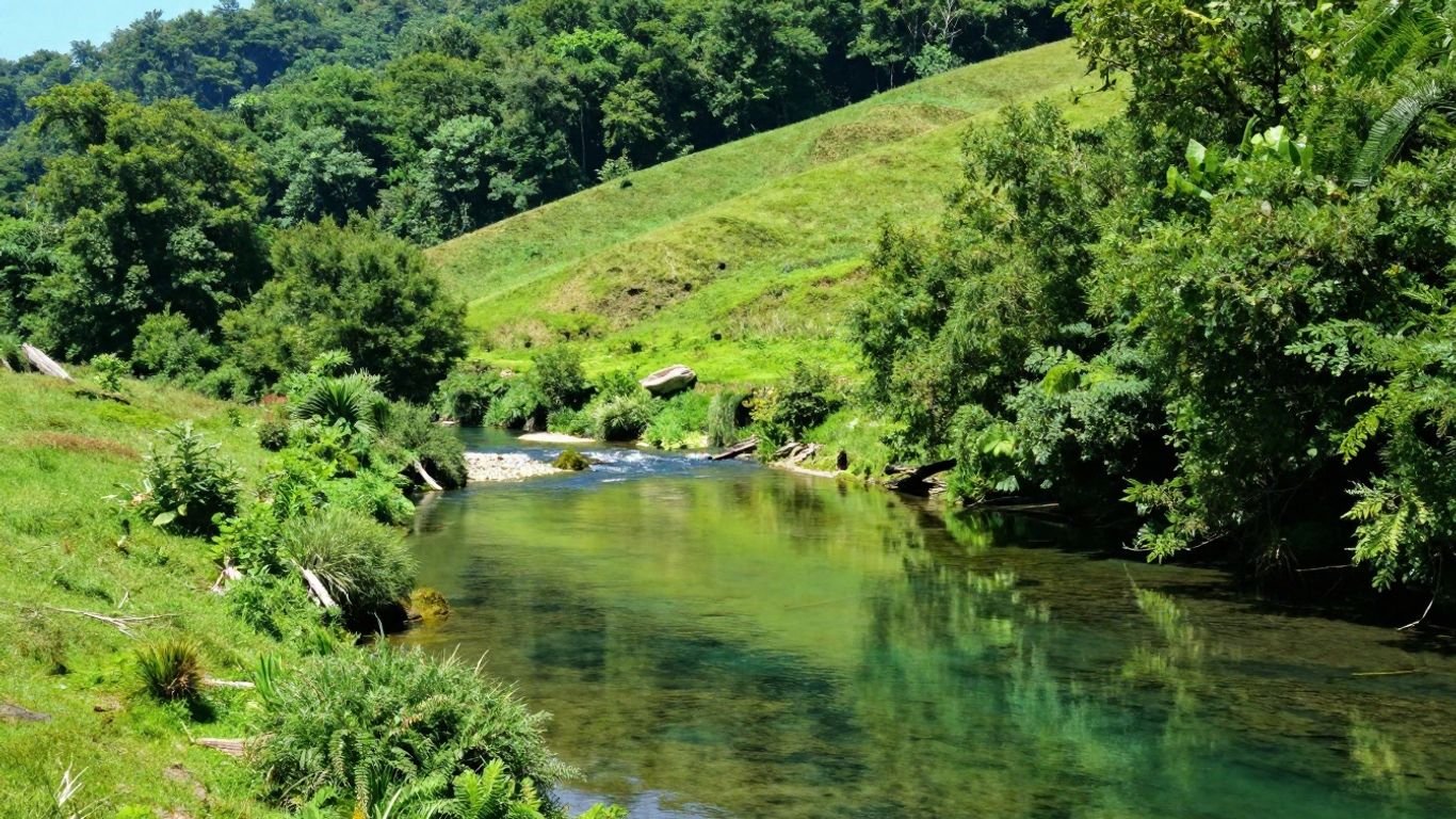 Lush green watershed with a clear river flowing through it.