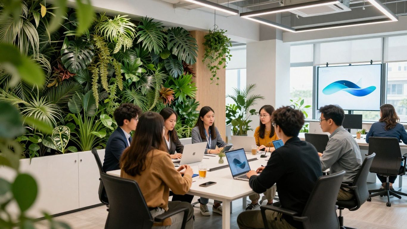 Team collaborating in a modern office with a digital display.