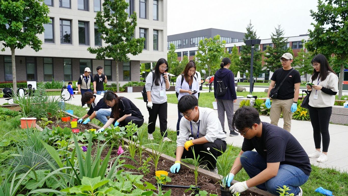 Students working in a campus garden