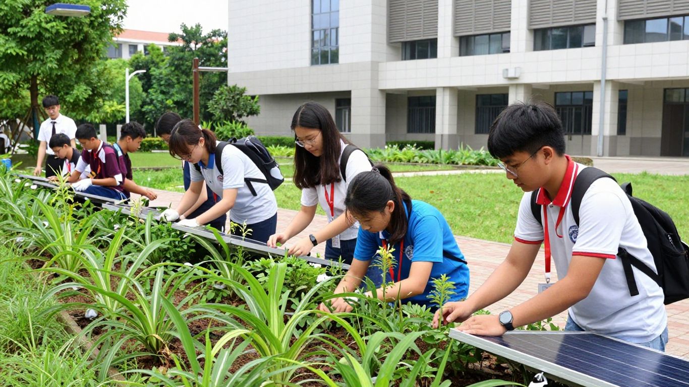University students learning about sustainability outdoors.
