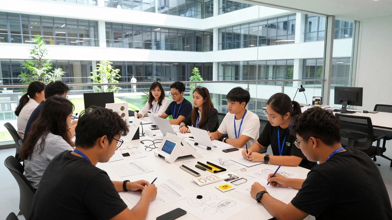 Students and faculty collaborating in a modern innovation lab.