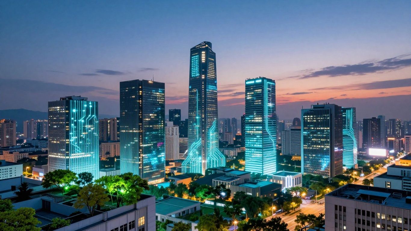 Sustainable software innovation in a futuristic cityscape.