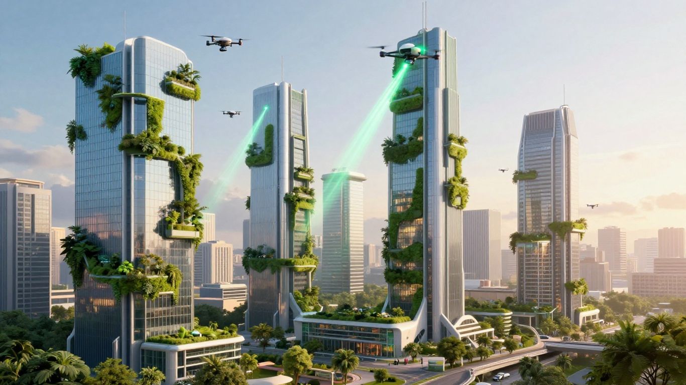 Futuristic city with green technology and drones.