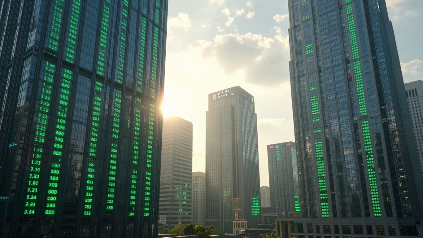 Cityscape with financial data streams at dawn.