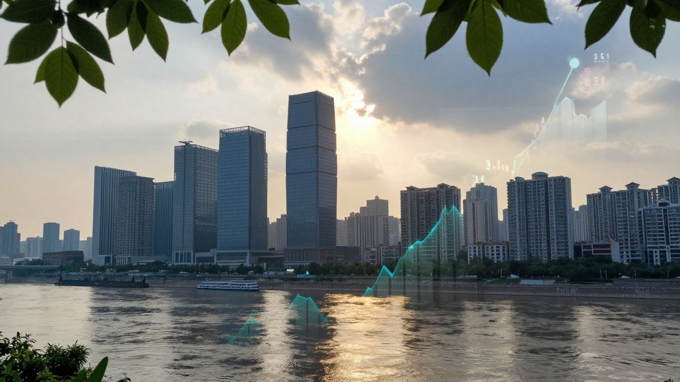 Financial district with green leaves and sunrise.