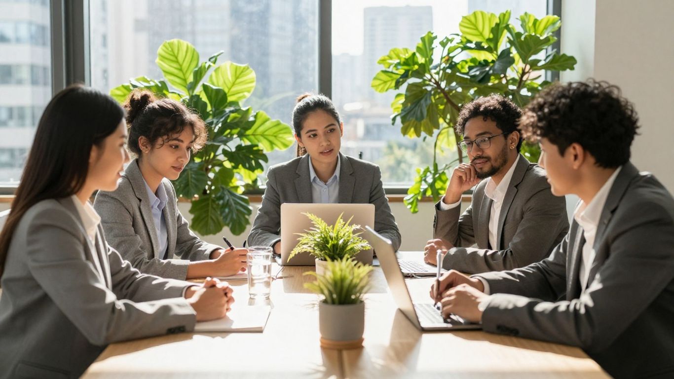 MBA students discussing sustainability in a modern office.