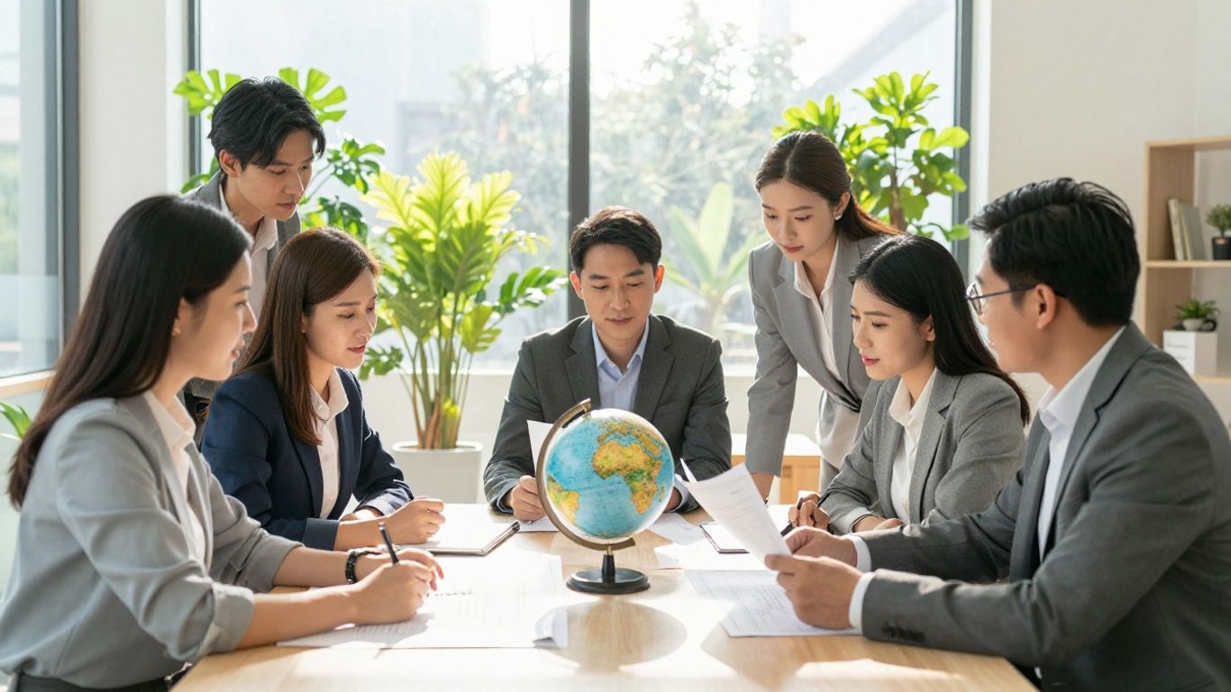 Professionals collaborating in a bright, modern office with plants.