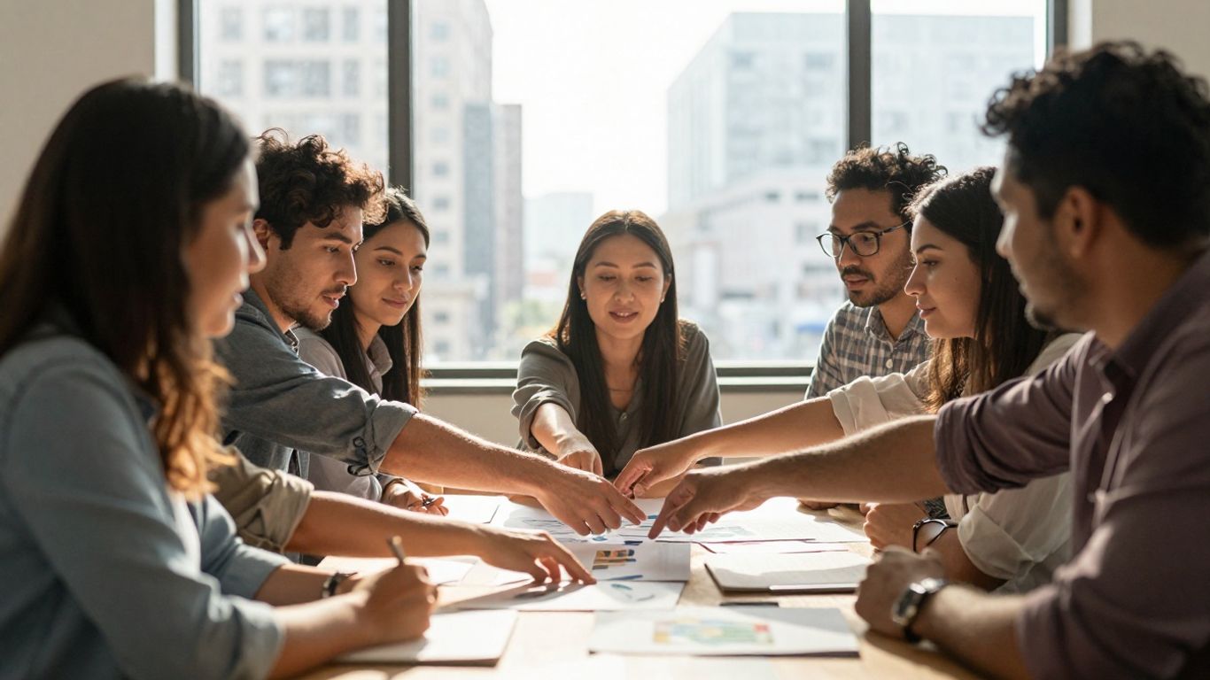 People working together in a bright, modern office setting.