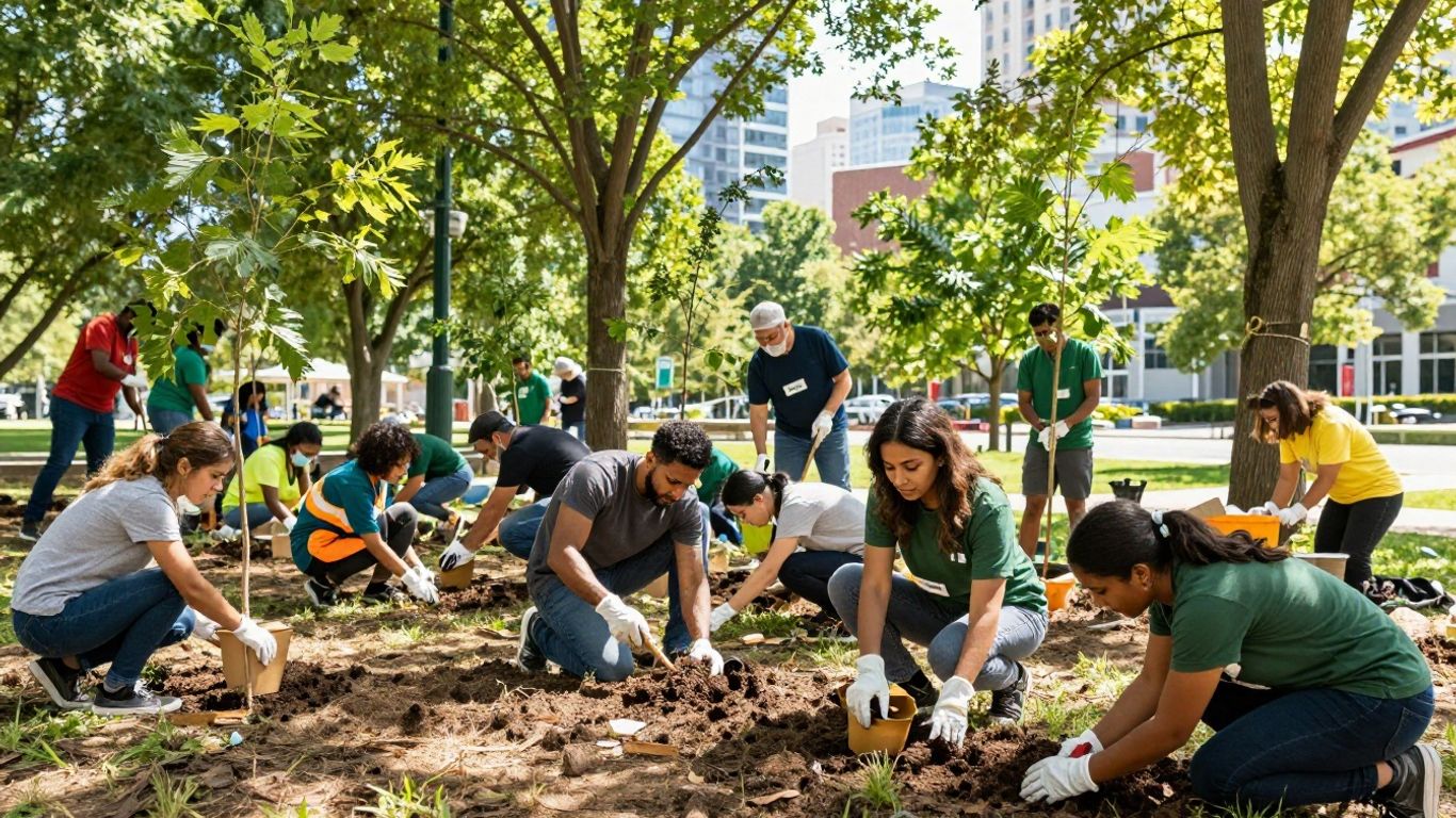 Employees planting trees in a park, symbolizing CSR.