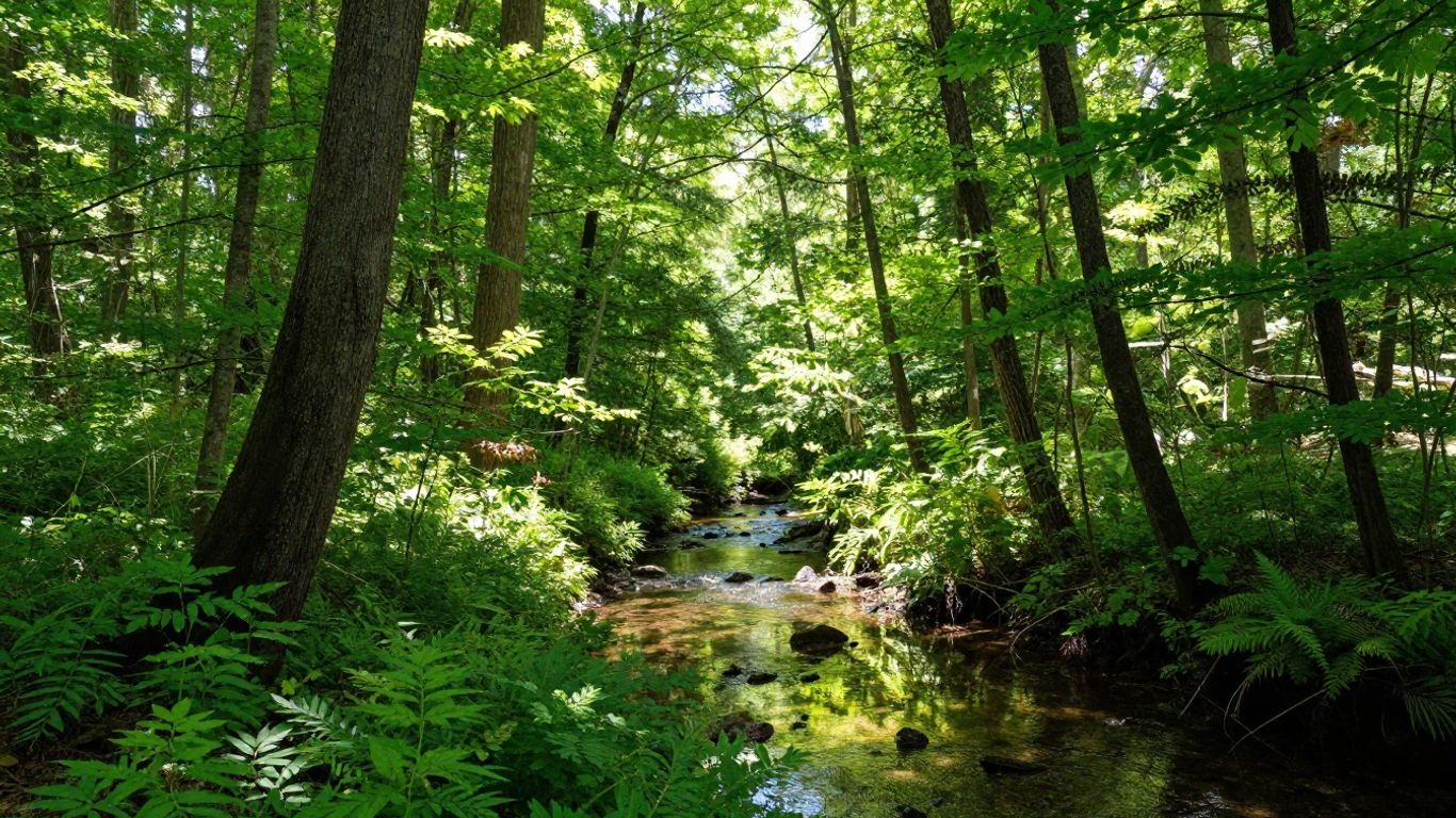 Lush forest with a clear stream flowing.