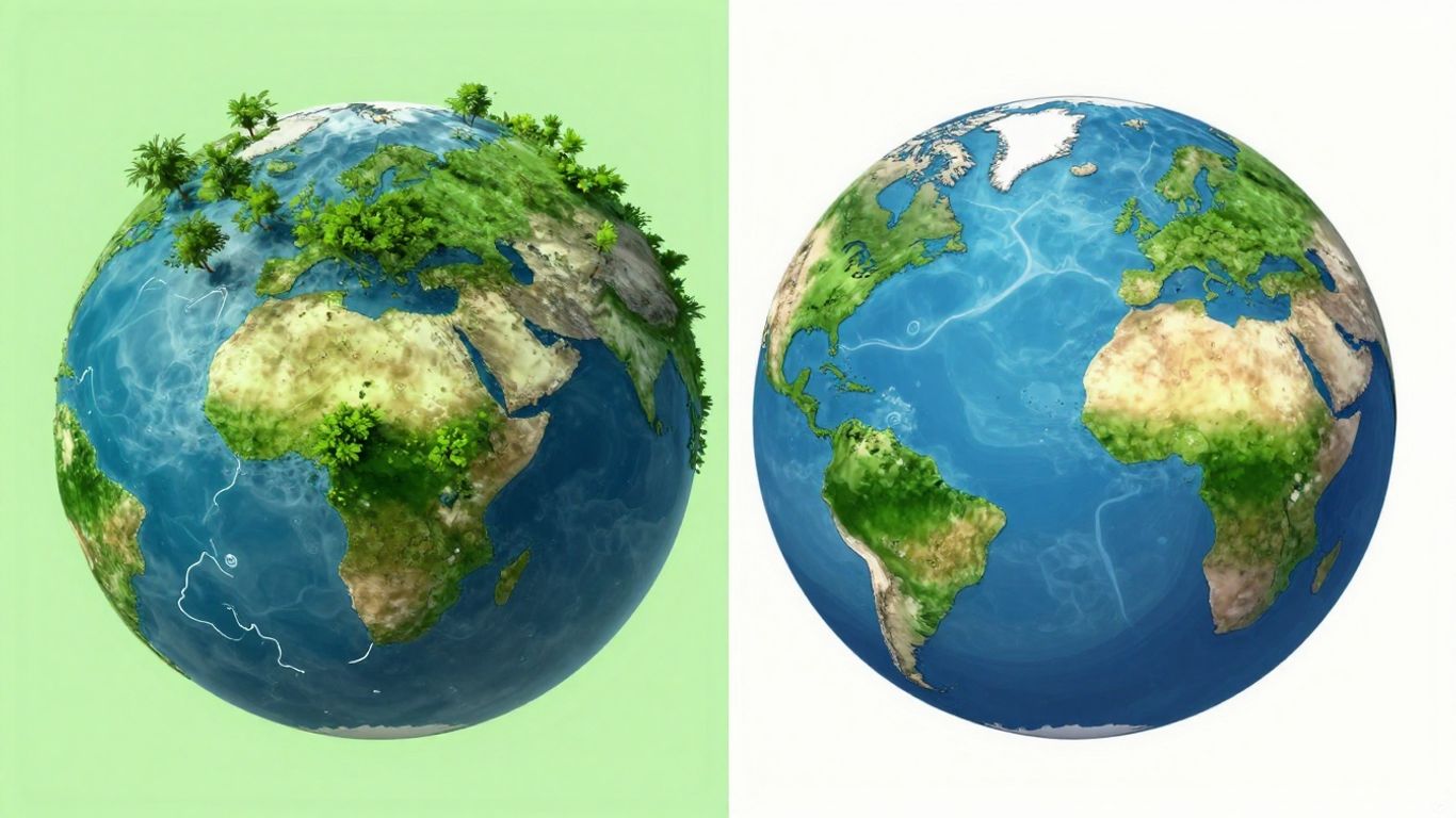 Earth with green trees and a faint carbon footprint outline.