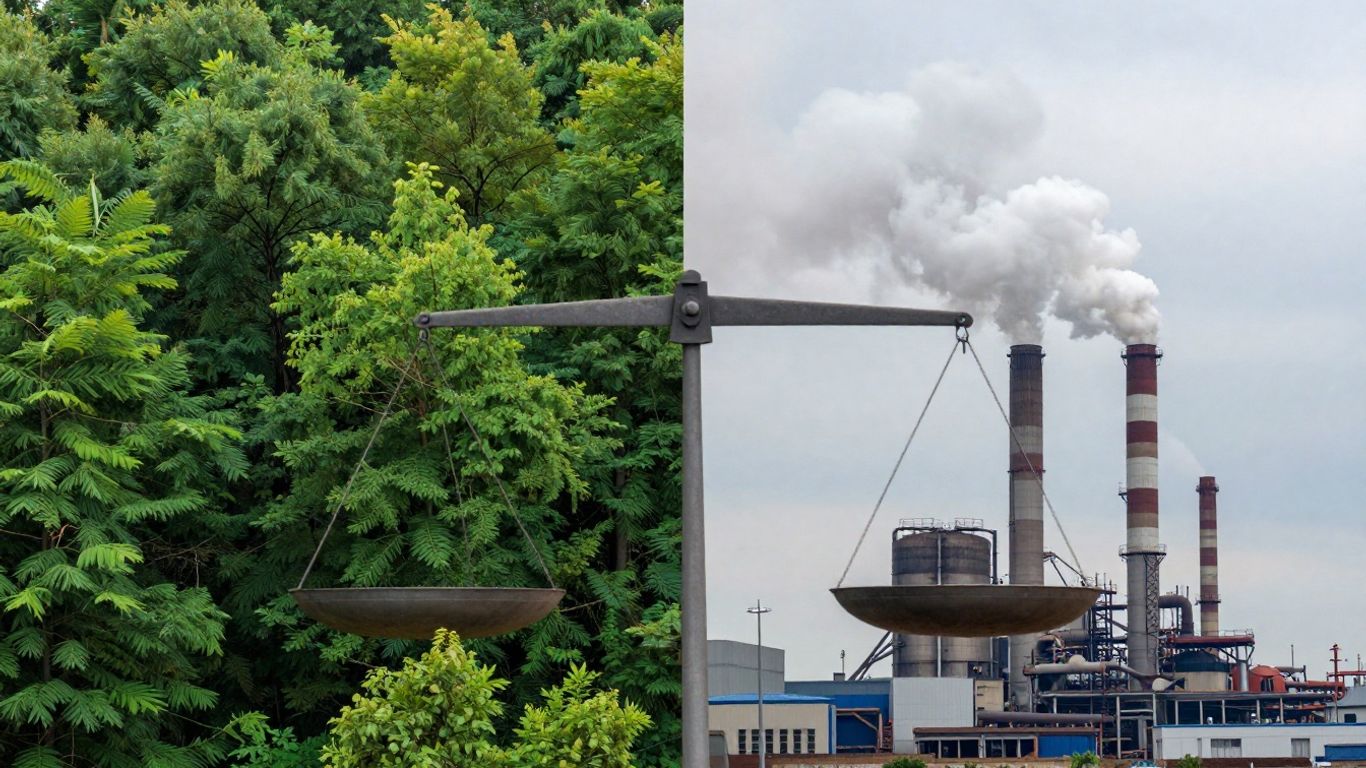 Balancing green nature with industrial emissions.