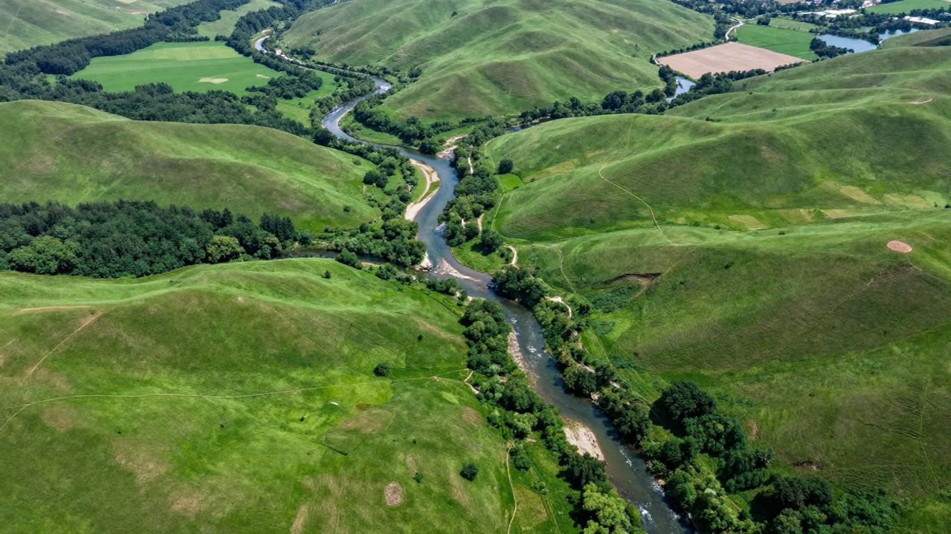 Aerial view of a watershed with rivers and hills.